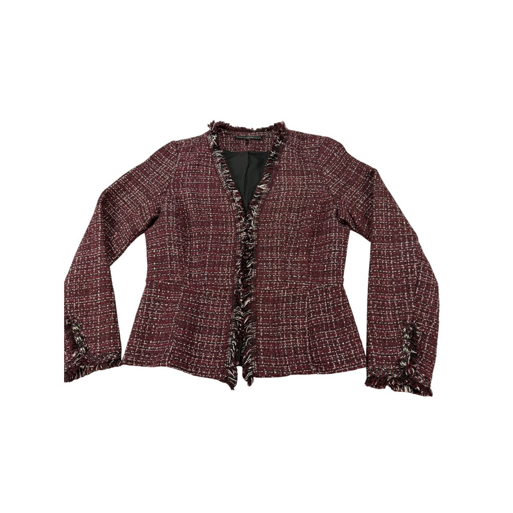 White House Black Market Burgundy Tweed Peplum Fringe Blazer Jacket Womens 6